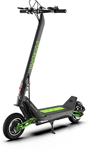 A limited edition carbon Inokim OX electric scooter with a sleek white body, large wheels, and ergonomic handlebars, set against a textured grey background.